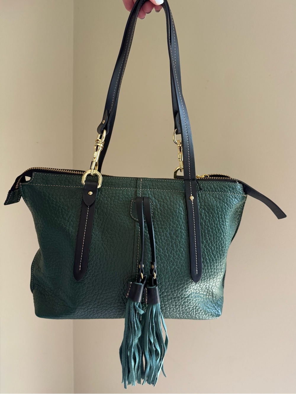 NICOLI Italian Dark Green Leather Shoulder Bag with Black Straps